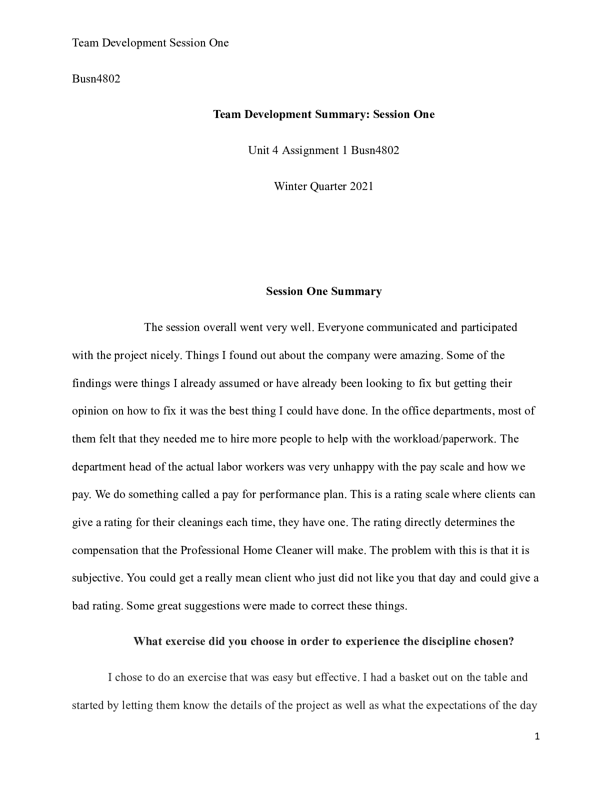 Preview of Unit 4 Assignment 1.docx  Busn4802  Team Development Summary: Session One  Unit 4 Assignme